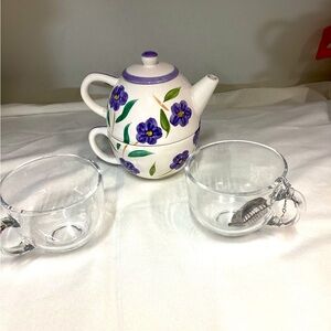 Floral Teapot and Clear Glass Cups Set